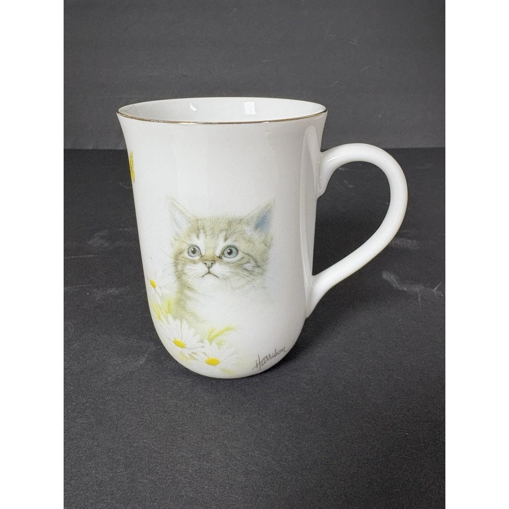 Vintage Otagiri Bob Harrison Kitten Daisy Butterfly Mug Japan Gold Trim